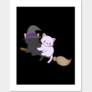 Kawaii Cats on Broomstick - Magical Halloween Posters and Art